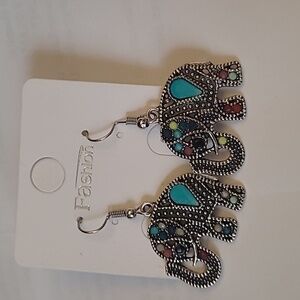Elegant Silver and  Multicolor Dangle Elephant Earrings
